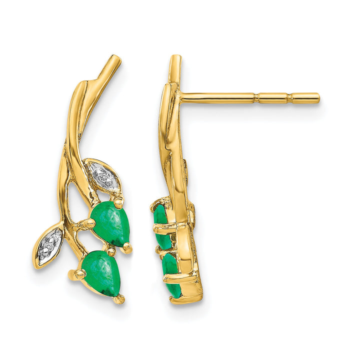 14k Diamond and Pear Emerald Floral Post Earrings-EM5619-EM-001-YA