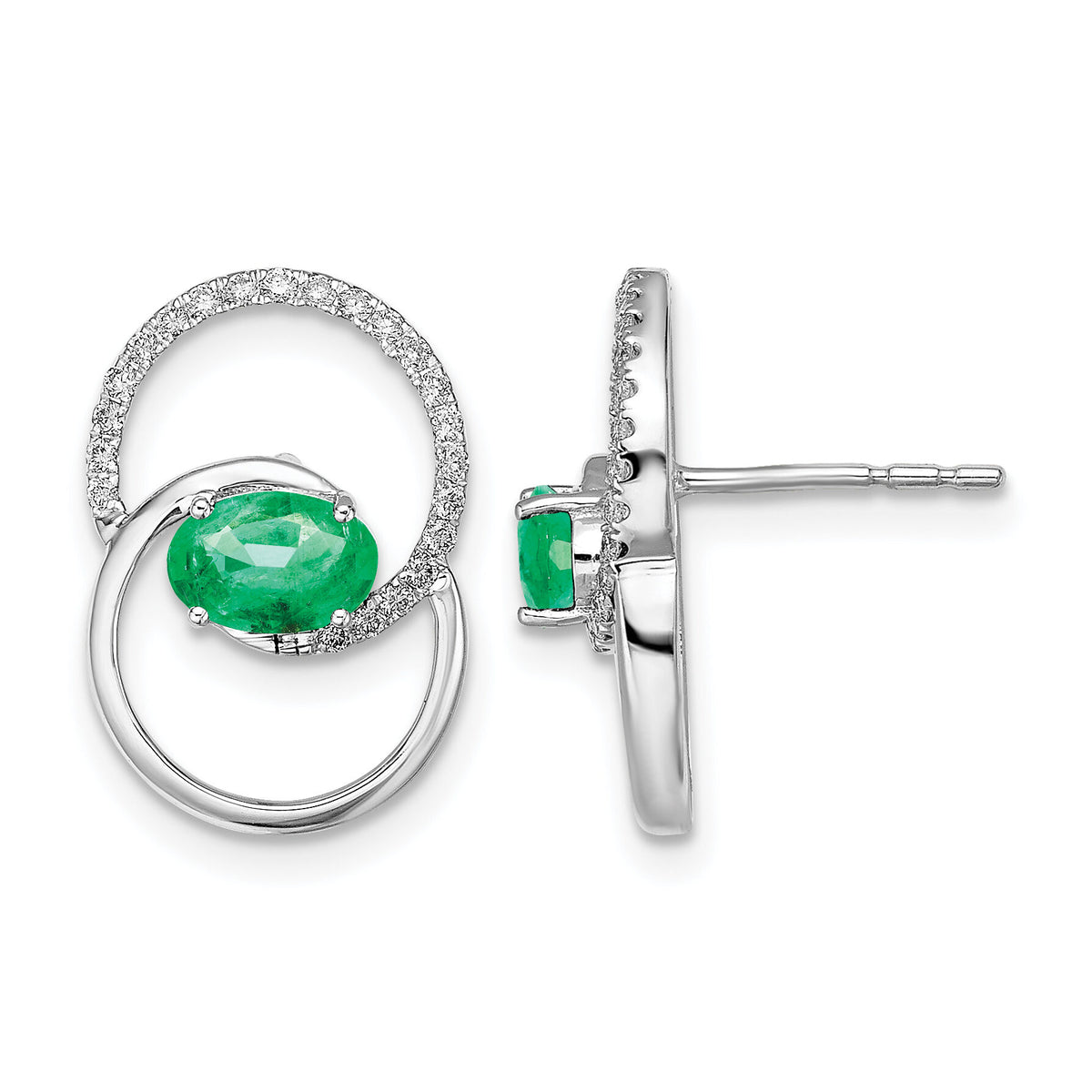 14k White Gold Double Circle Emerald/Diamond Post Earrings-EM6831-EM-015-WA