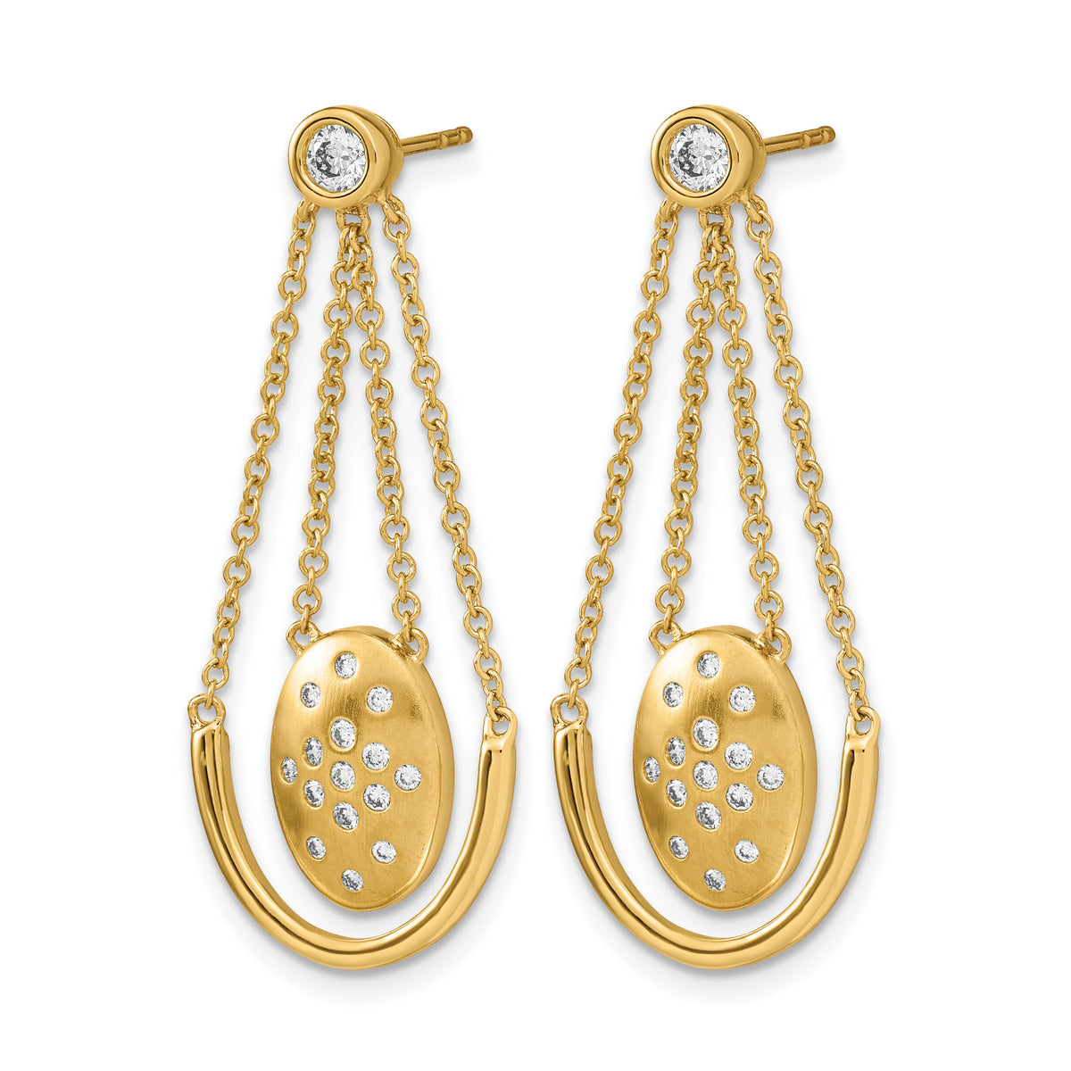 14k Satin/Polished Diamond Oval w/Chain Dangle Post Earrings-EM6867-037-YA