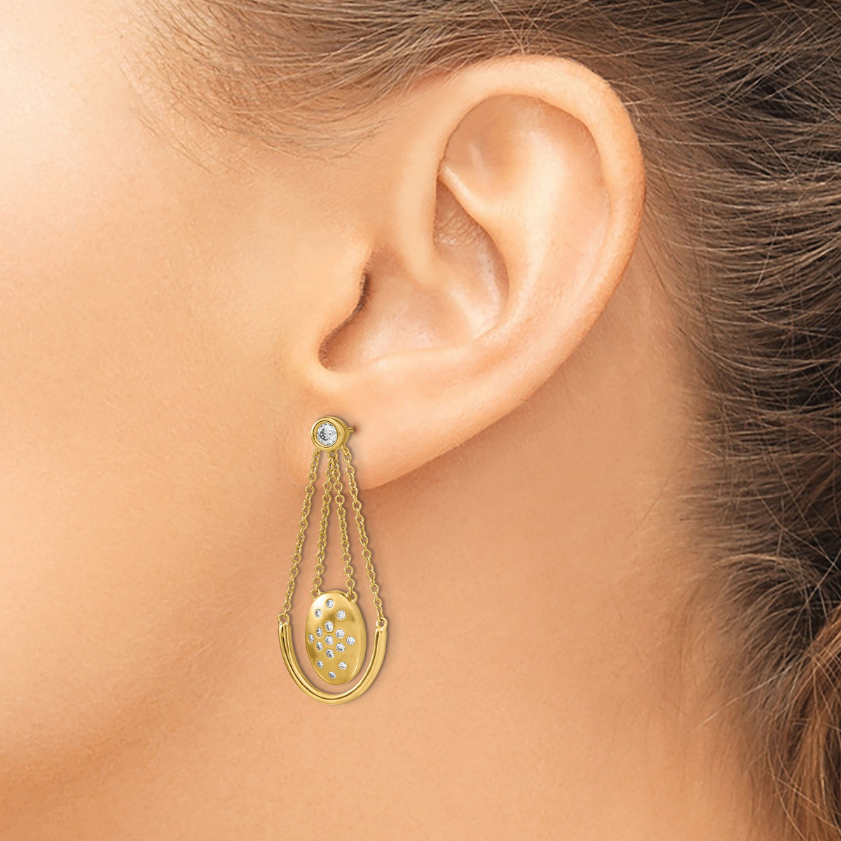 14k Satin/Polished Diamond Oval w/Chain Dangle Post Earrings-EM6867-037-YA