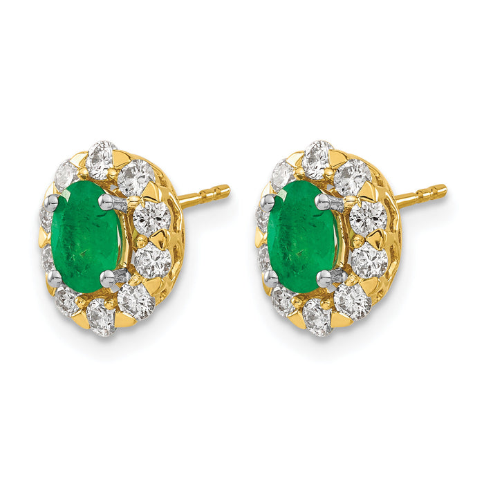 14k Oval Emerald and Diamond Halo Post Earrings-EM6990-EM-070-YA
