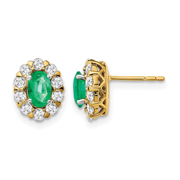 14k Oval Emerald and Diamond Halo Post Earrings-EM6990-EM-070-YA