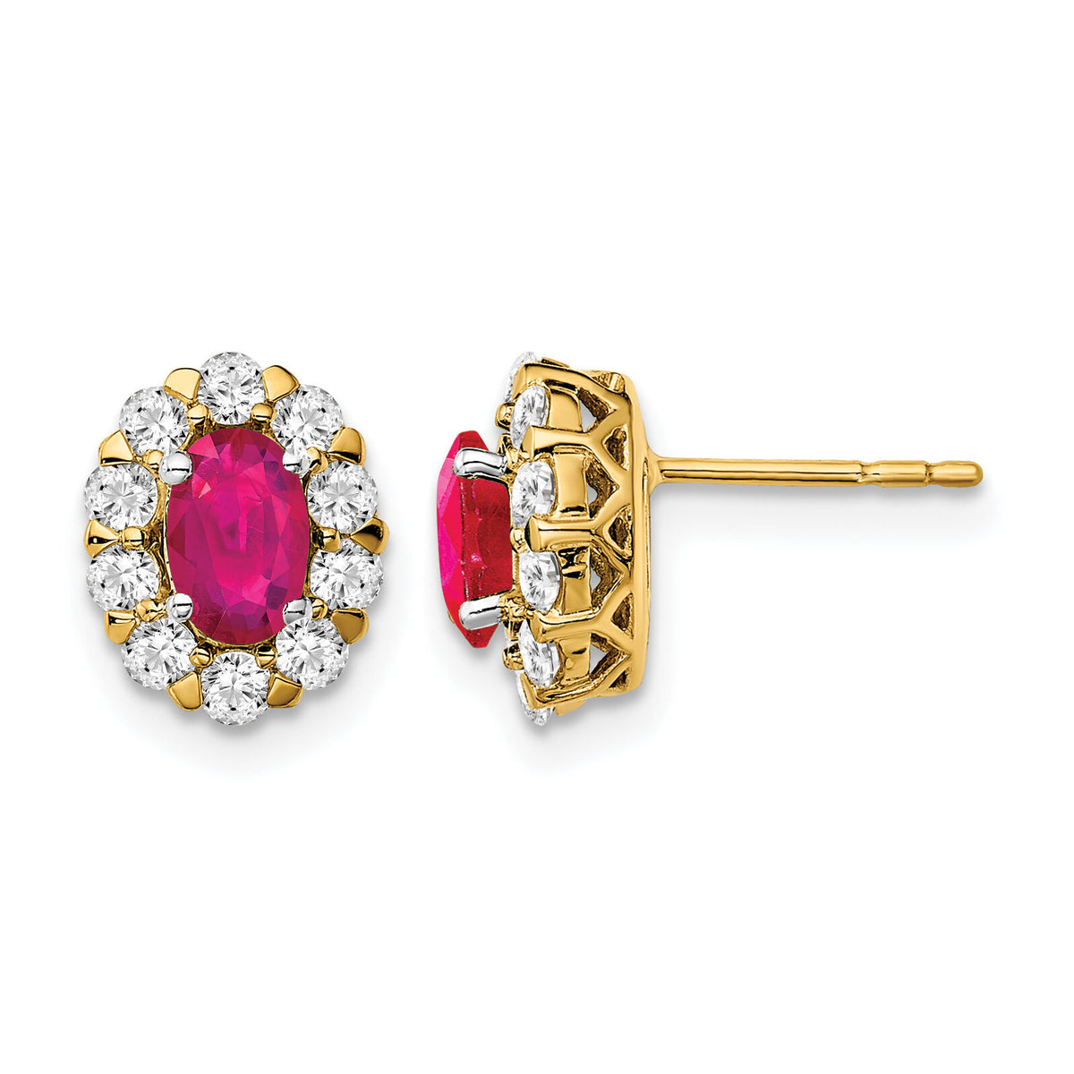 14k Oval Ruby and Diamond Halo Post Earrings-EM6990-RU-070-YA