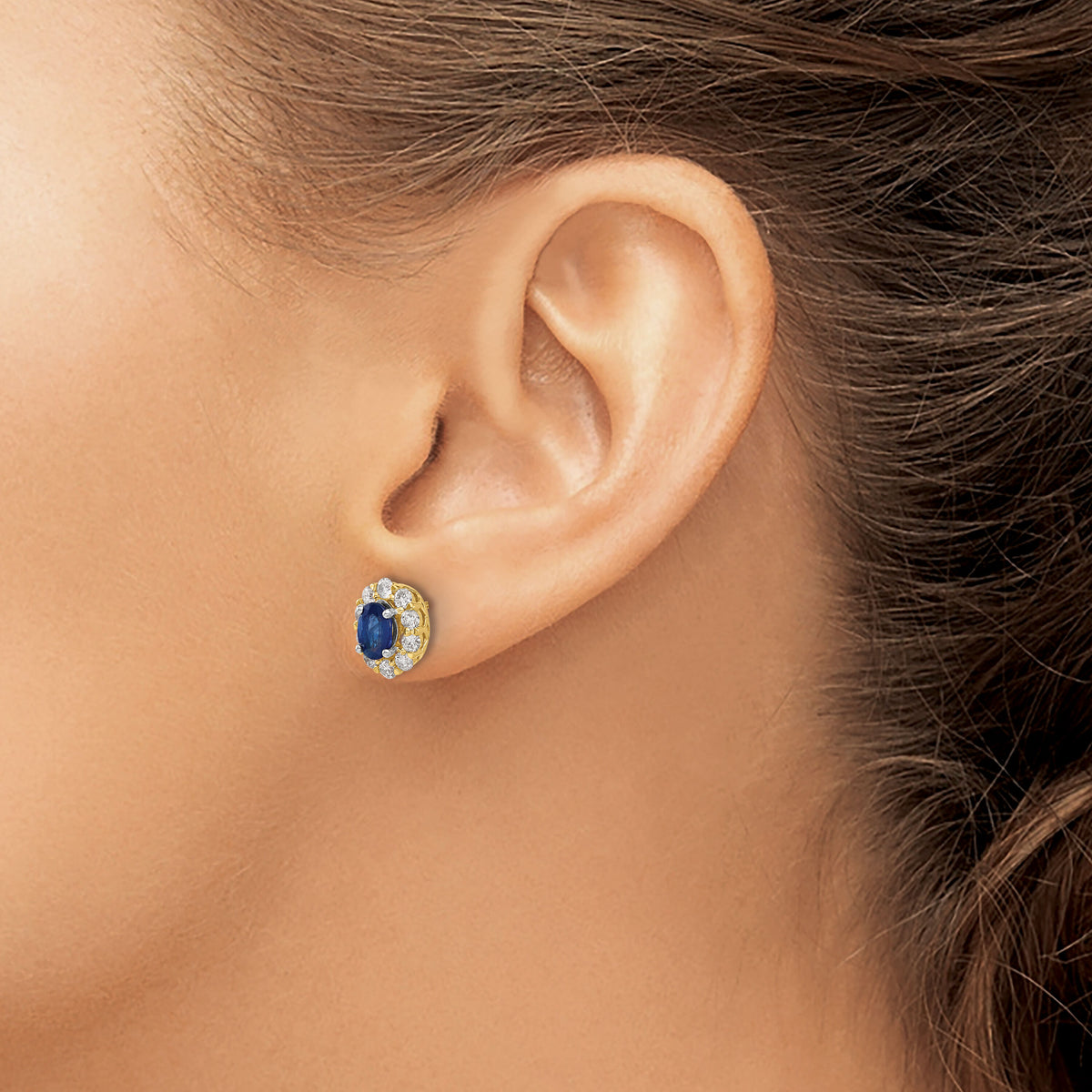 14k Oval Sapphire and Diamond Halo Post Earrings-EM6990-SA-070-YA
