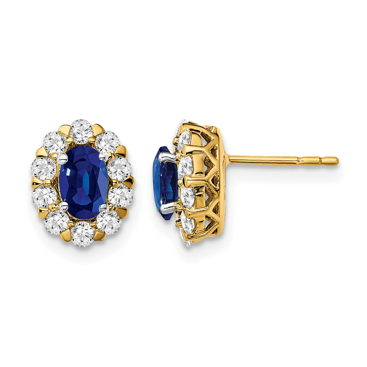 14k Oval Sapphire and Diamond Halo Post Earrings-EM6990-SA-070-YA