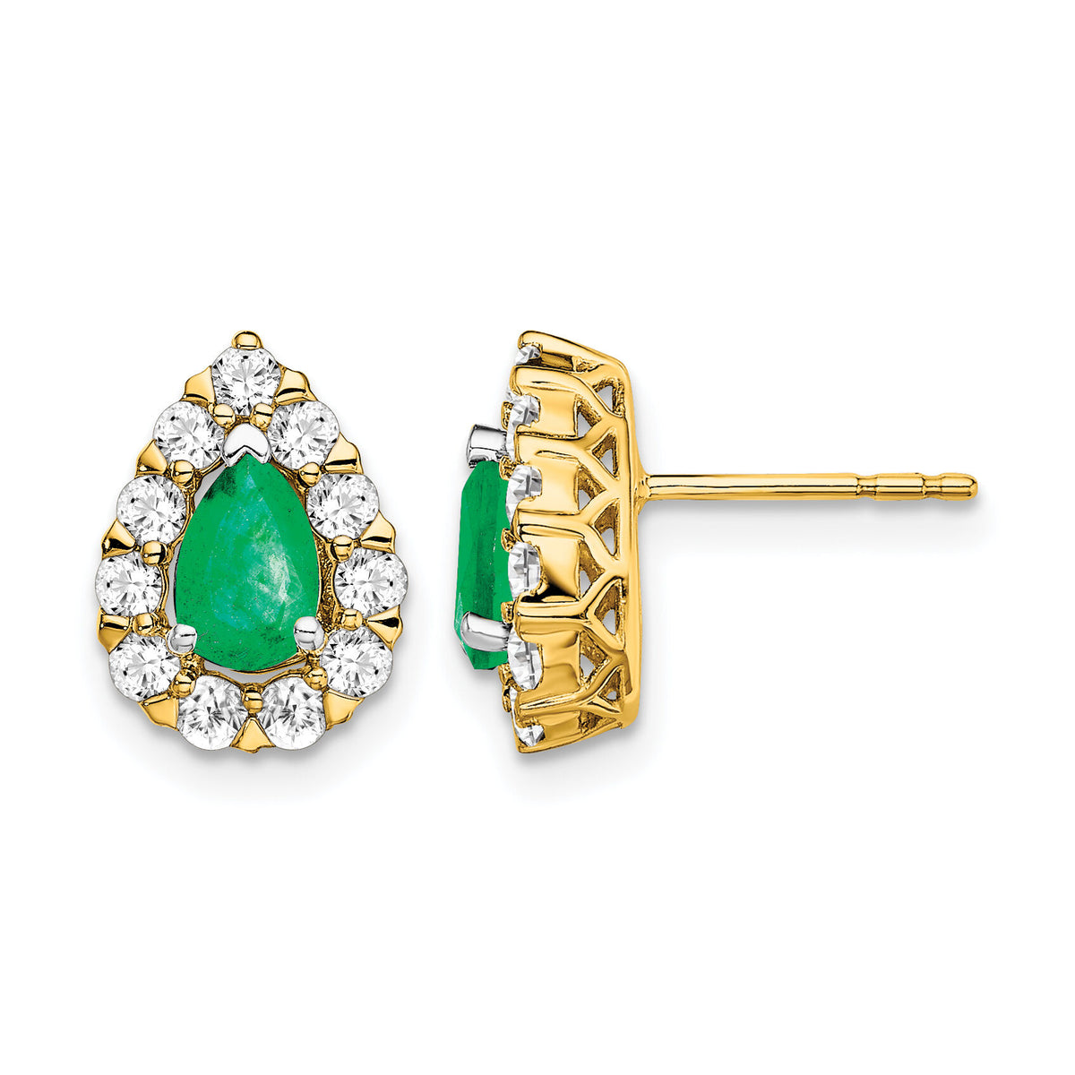 14k Pear Emerald and Diamond Halo Post Earrings-EM6991-EM-077-YA