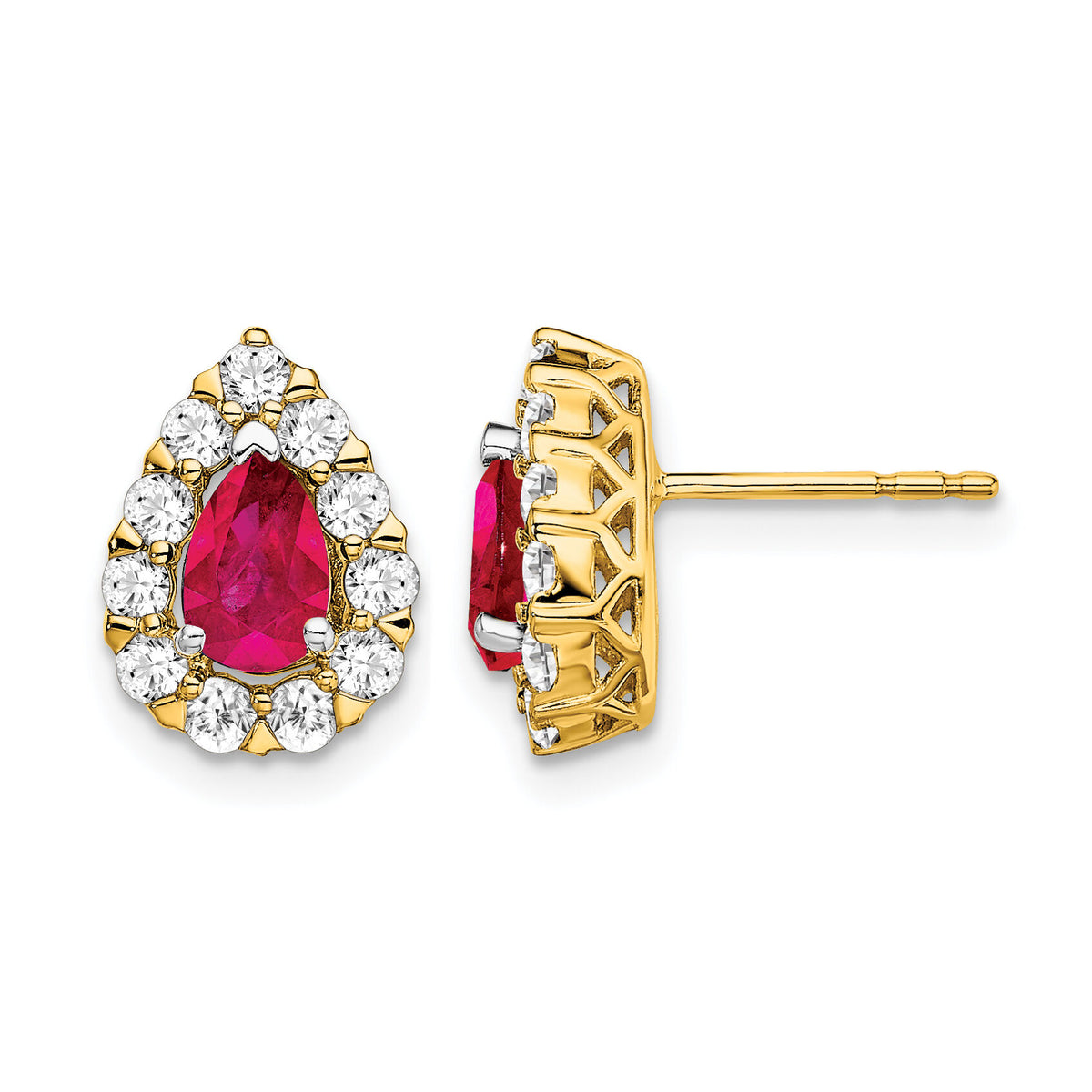 14k Pear Ruby and Diamond Halo Post Earrings-EM6991-RU-077-YA