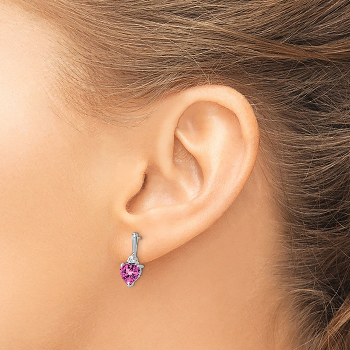 14k White Gold Created Pink Sapphire and Diamond Heart Earrings-EM7029-CPS-003-WA