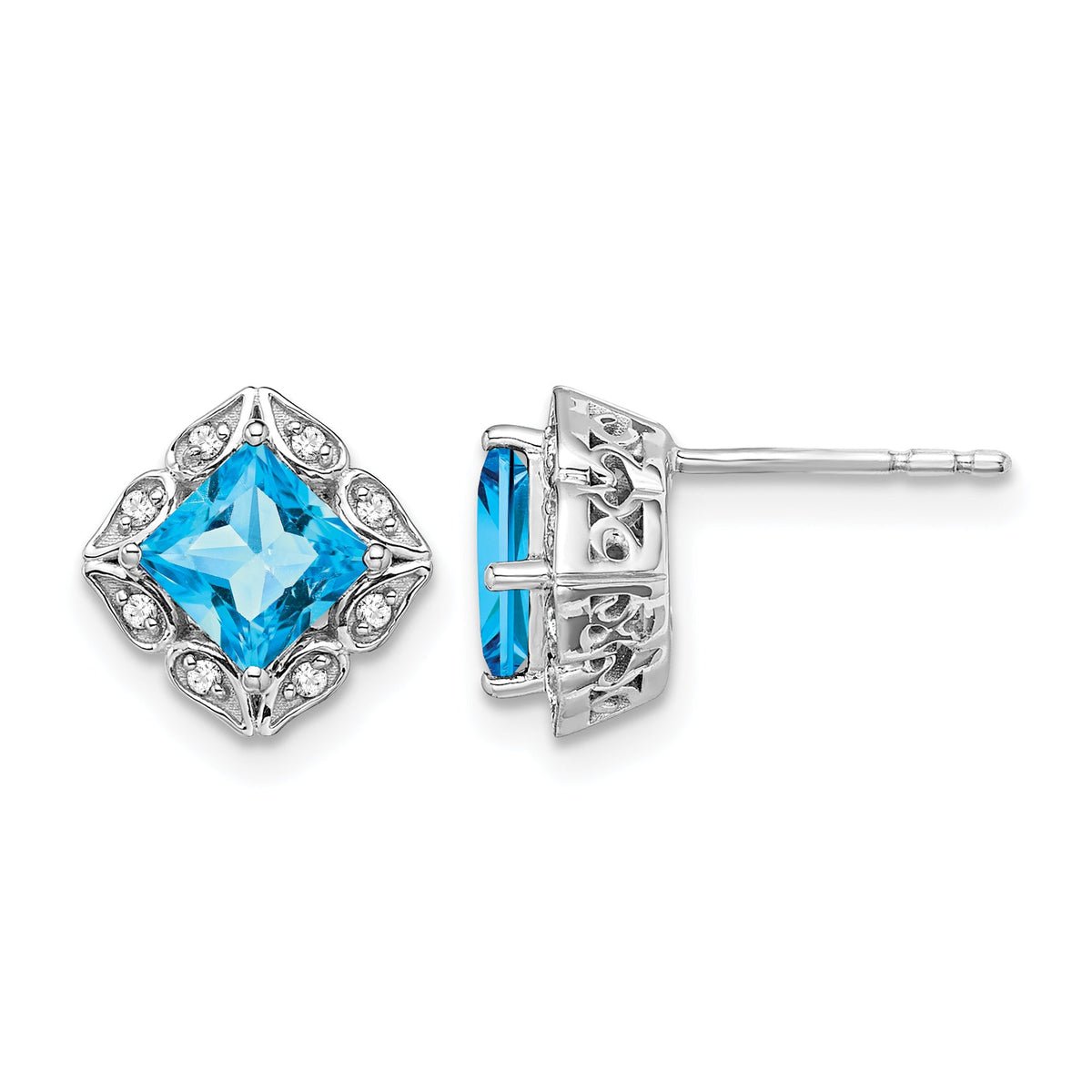14k White Gold Square Blue Topaz and Diamond Earrings-EM7082-BT-008-WA