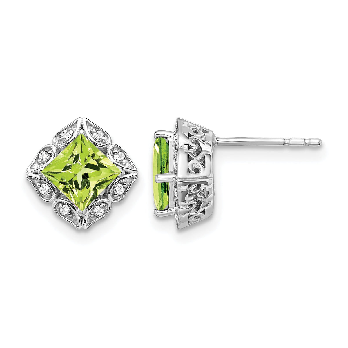 14k White Gold Square Peridot and Diamond Earrings-EM7082-PE-008-WA