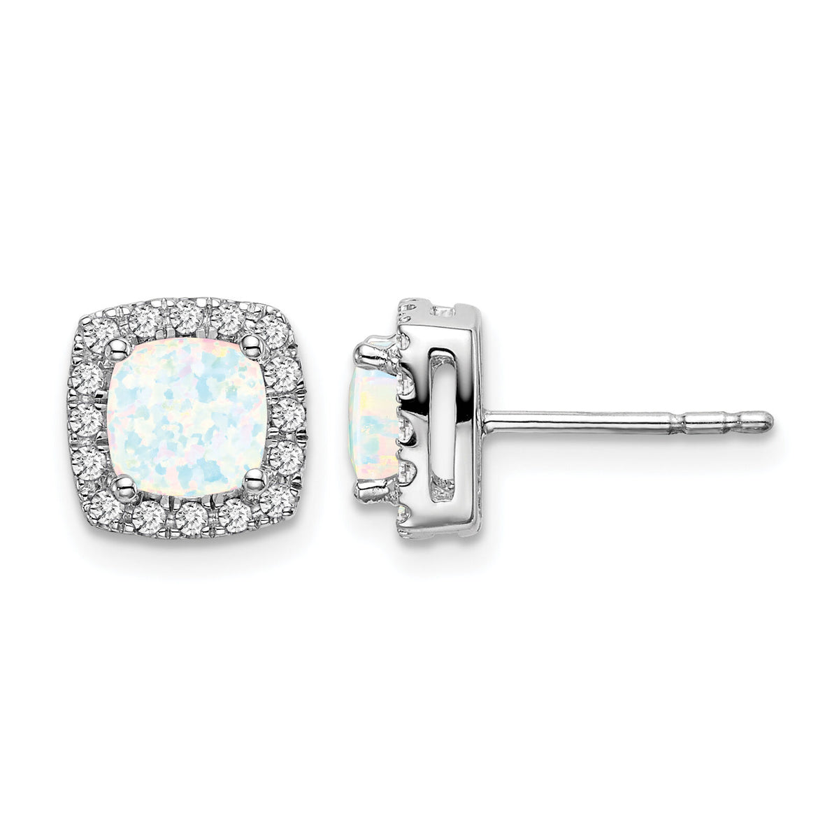 14k White Gold Cushion Created Opal and Diamond Halo Earrings-EM7084-OP-019-WA