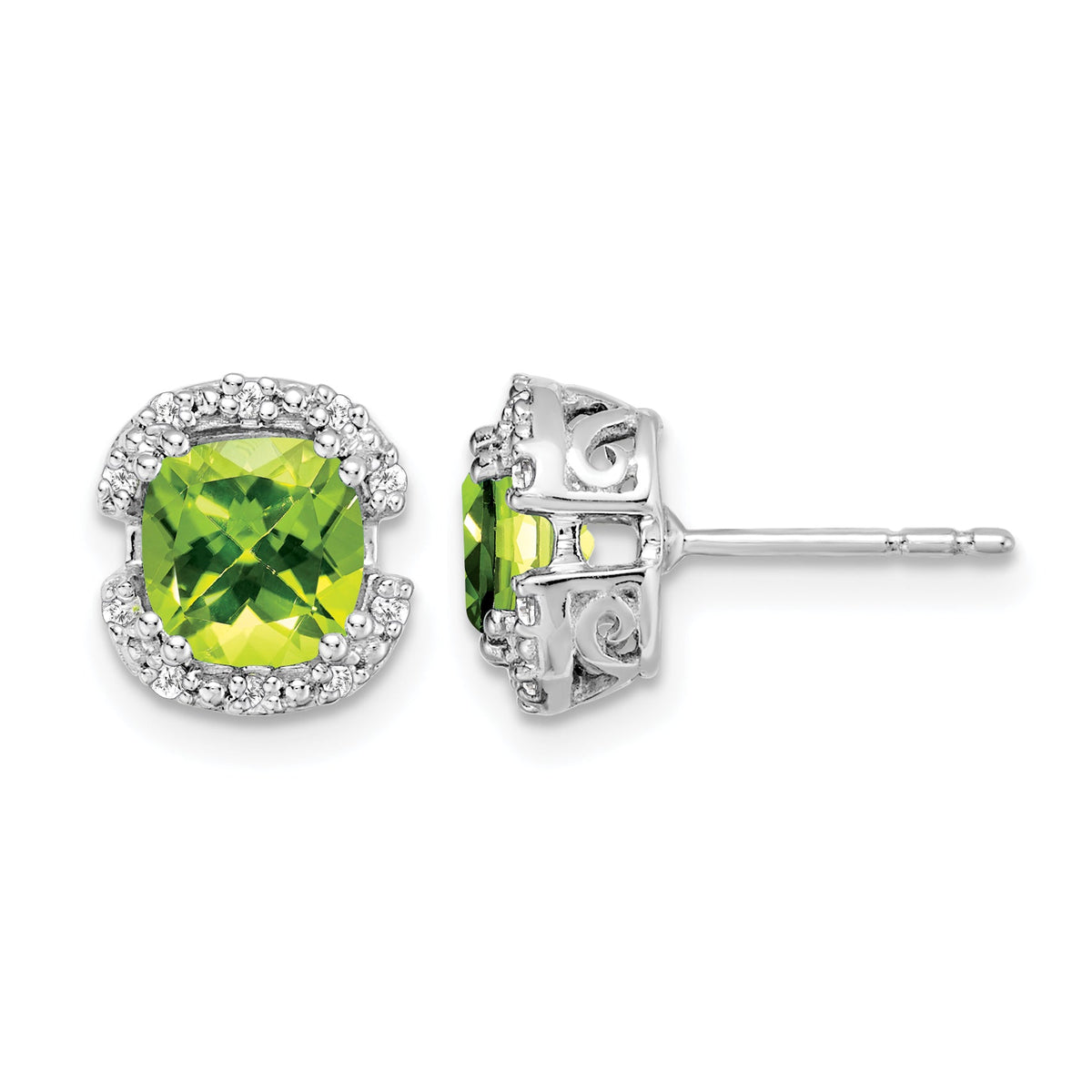 14k White Gold Cushion Peridot and Diamond Halo Earrings-EM7087-PE-010-WA