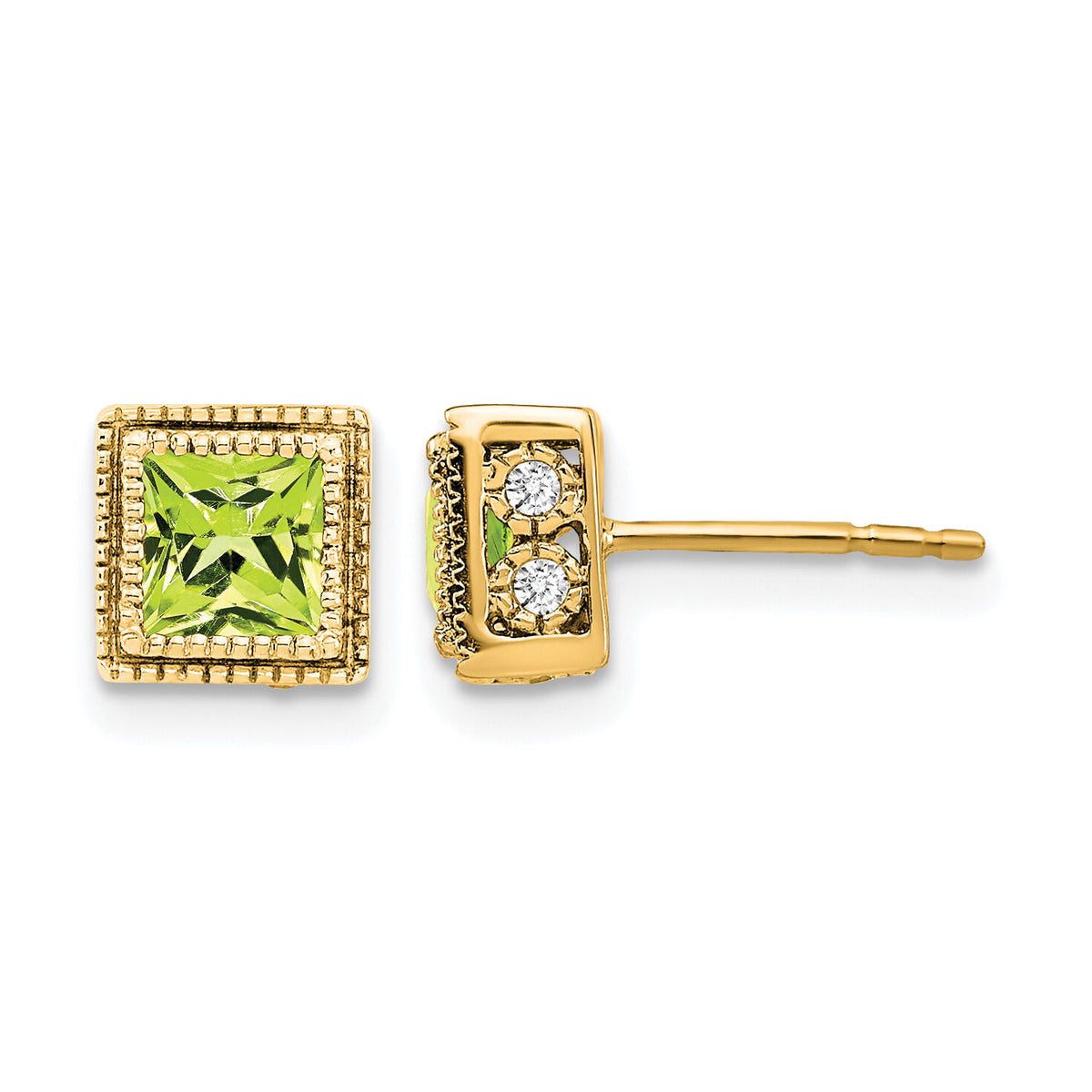 14k Square Peridot and Diamond Earrings-EM7096-PE-016-YA