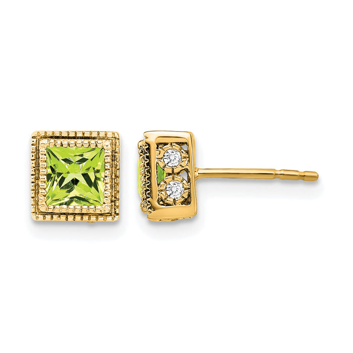 14k Square Peridot and Diamond Earrings-EM7096-PE-016-YA
