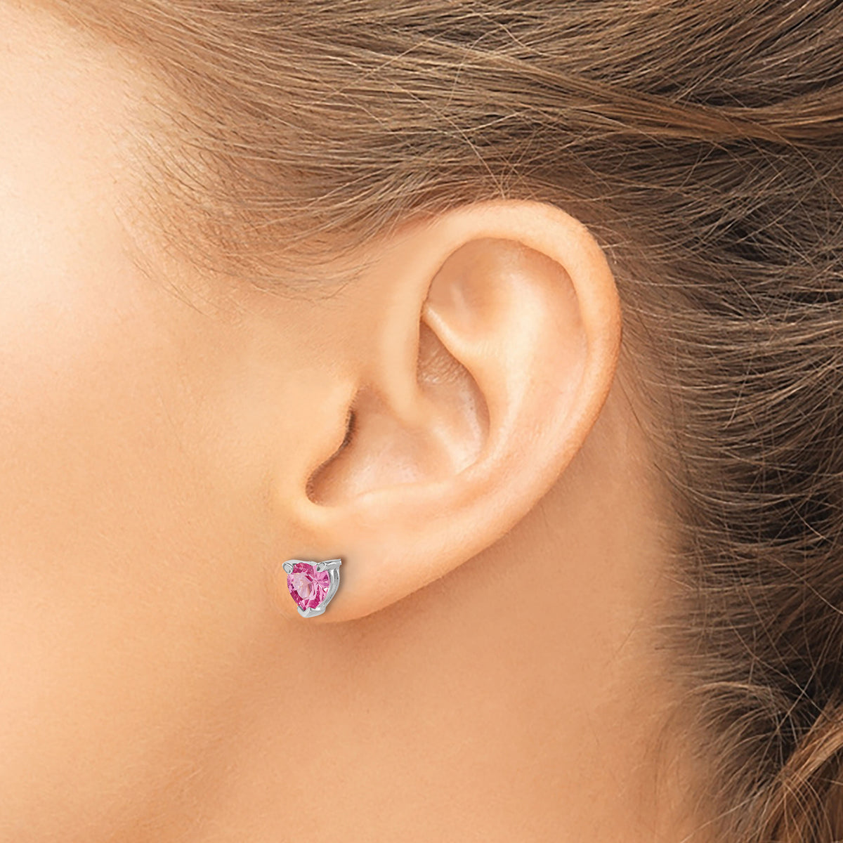 14k White Gold Heart Created Pink Sapphire Earrings-EM7101-CPS-W