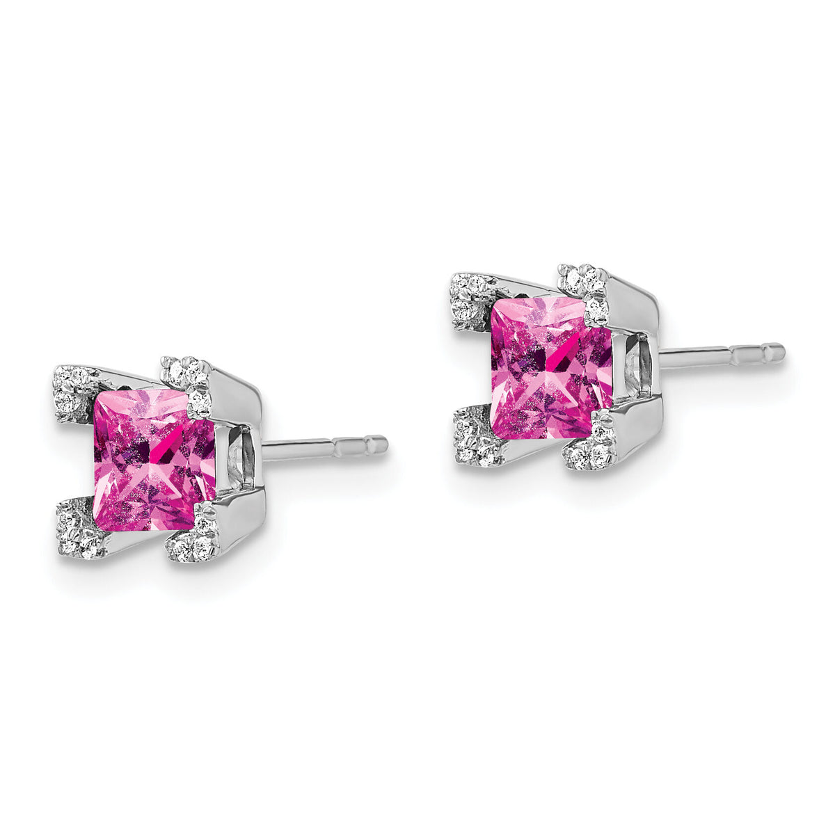14k White Gold Square Created Pink Sapphire and Diamond Earrings-EM7103-CPS-007-WA