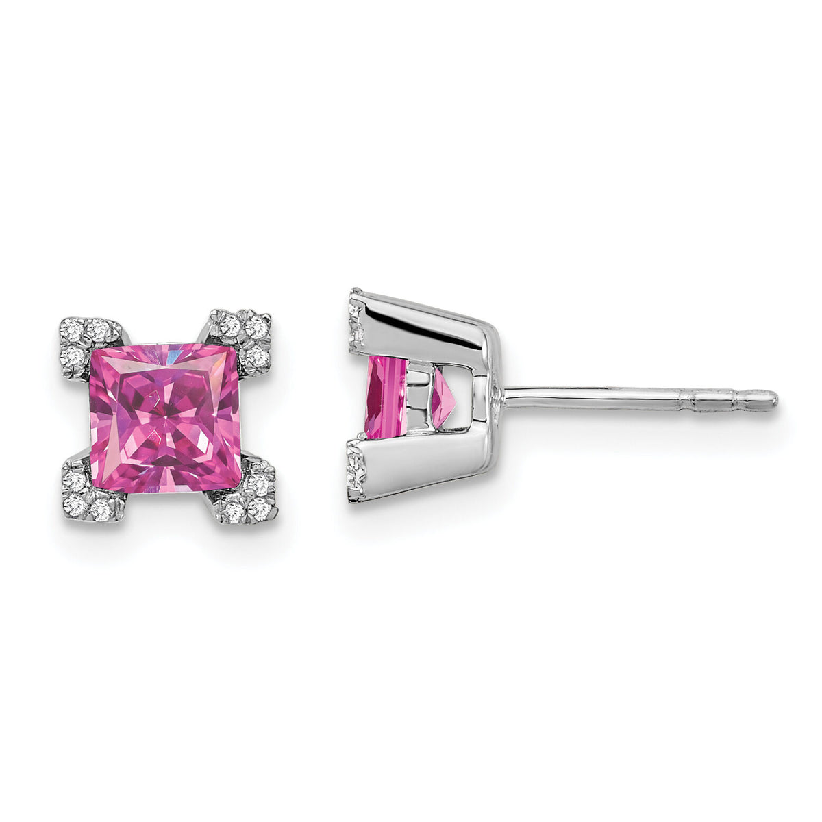 14k White Gold Square Created Pink Sapphire and Diamond Earrings-EM7103-CPS-007-WA
