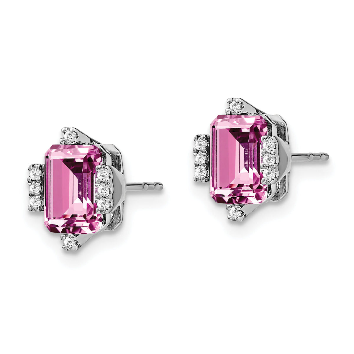 14k White Gold Emerald-shape Creat. Pink Sapphire/Diamond Earrings-EM7106-CPS-008-WA
