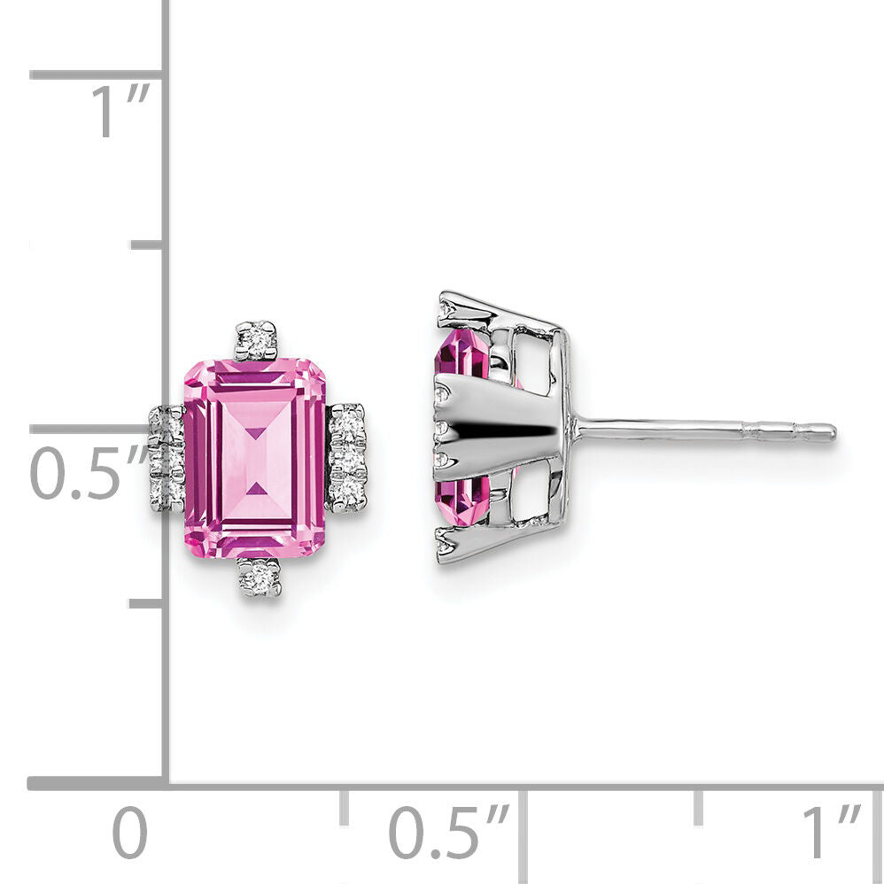 14k White Gold Emerald-shape Creat. Pink Sapphire/Diamond Earrings-EM7106-CPS-008-WA