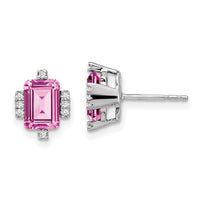 14k White Gold Emerald-shape Creat. Pink Sapphire/Diamond Earrings-EM7106-CPS-008-WA