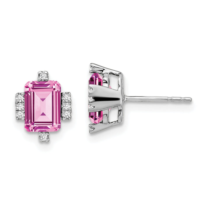 14k White Gold Emerald-shape Creat. Pink Sapphire/Diamond Earrings-EM7106-CPS-008-WA