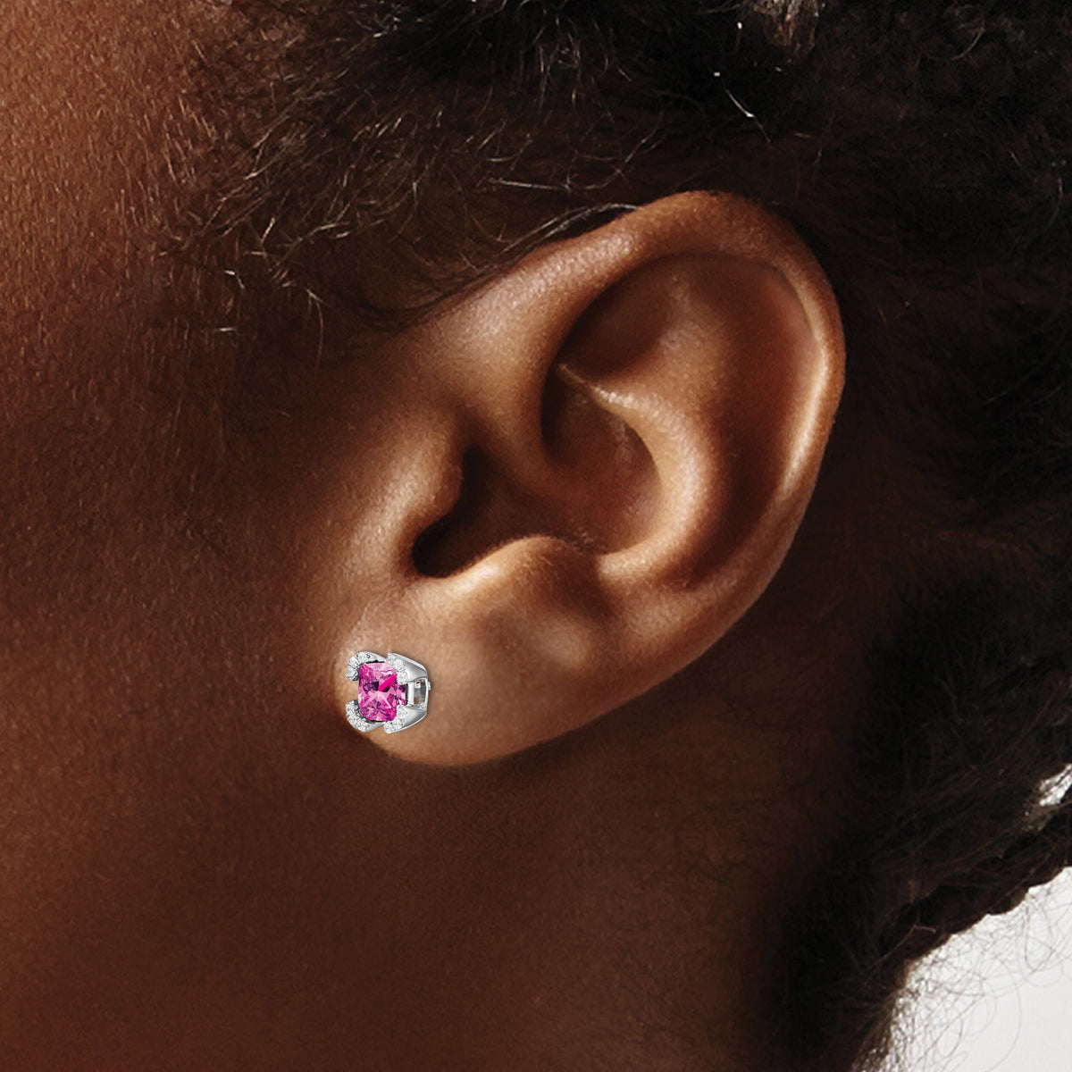 14k White Gold Cushion Created Pink Sapphire and Diamond Earrings-EM7107-CPS-010-WA