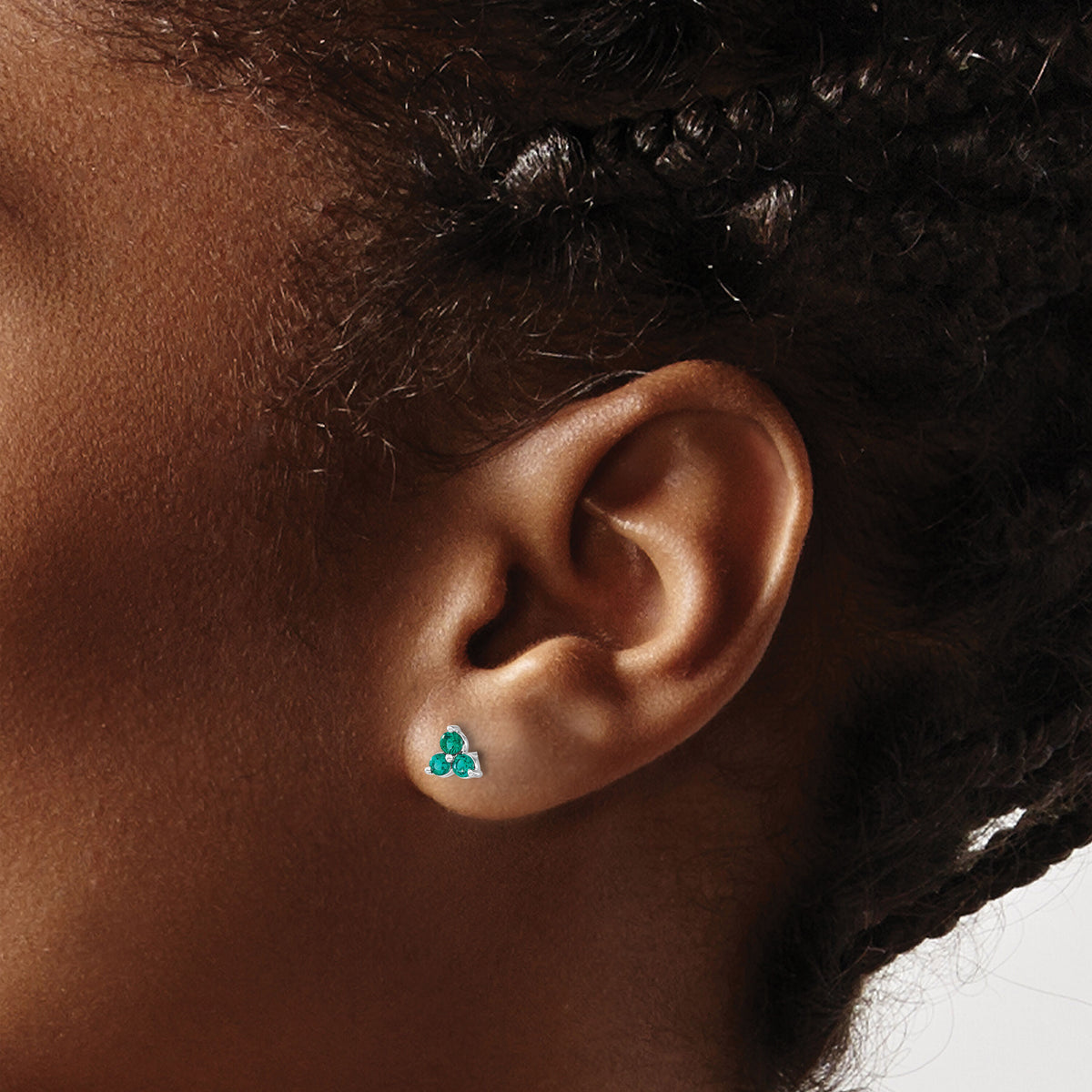 14k White Gold 3-stone Created Emerald Triangle Earrings-EM7119-EM-W