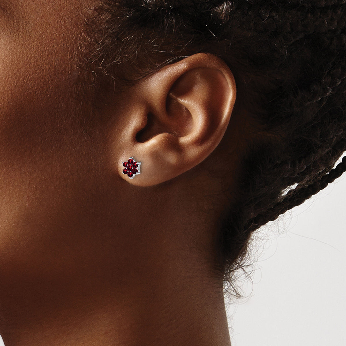 14k White Gold Garnet Floral Post Earrings-EM7199-GA-W