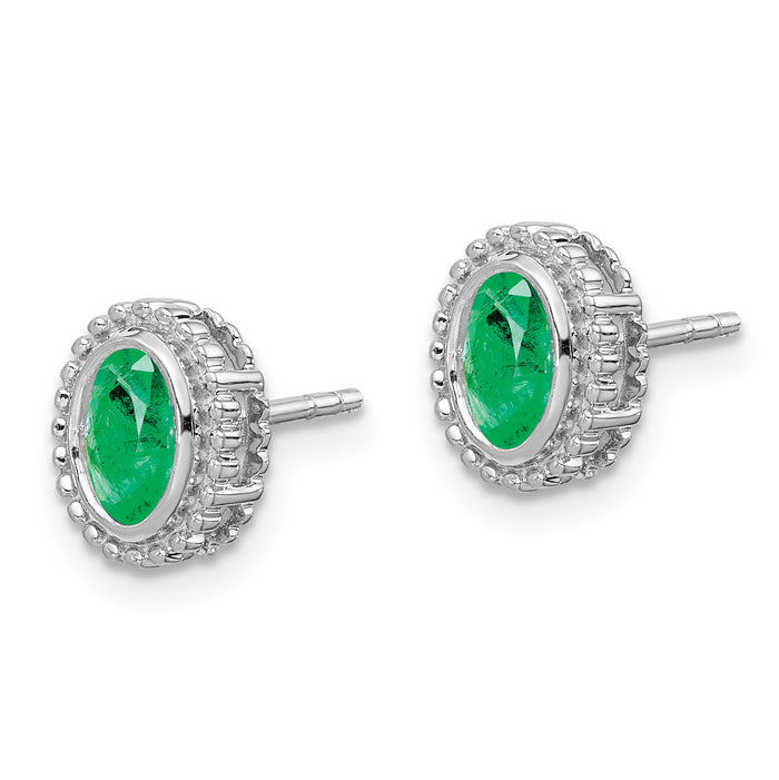 14k White Gold Oval Emerald Post Earrings-EM7202-EM-W
