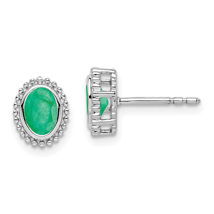 14k White Gold Oval Emerald Post Earrings-EM7202-EM-W