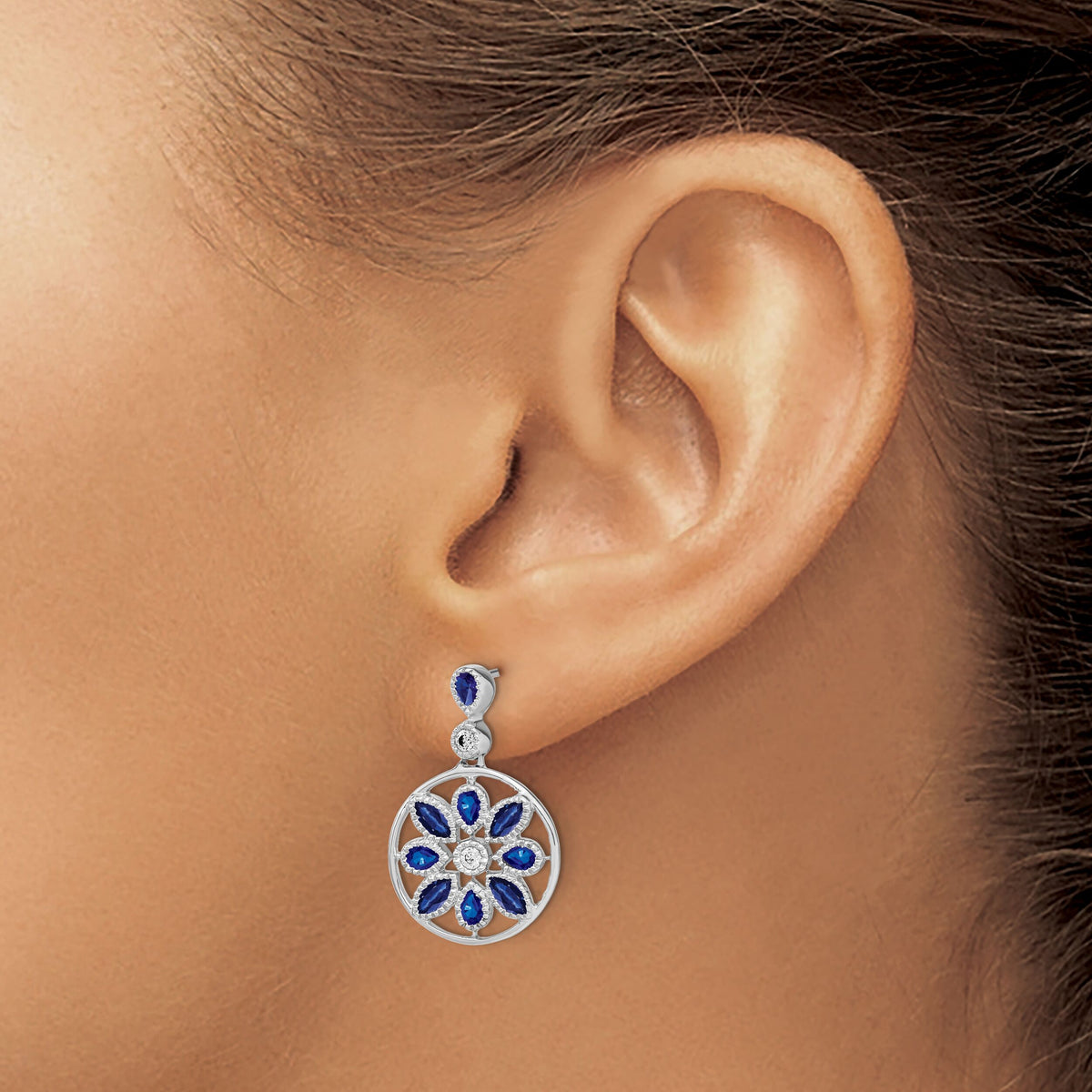 14k White Gold Sapphire and Diamond Floral Dangle Earrings-EM7205-SA-012-WA