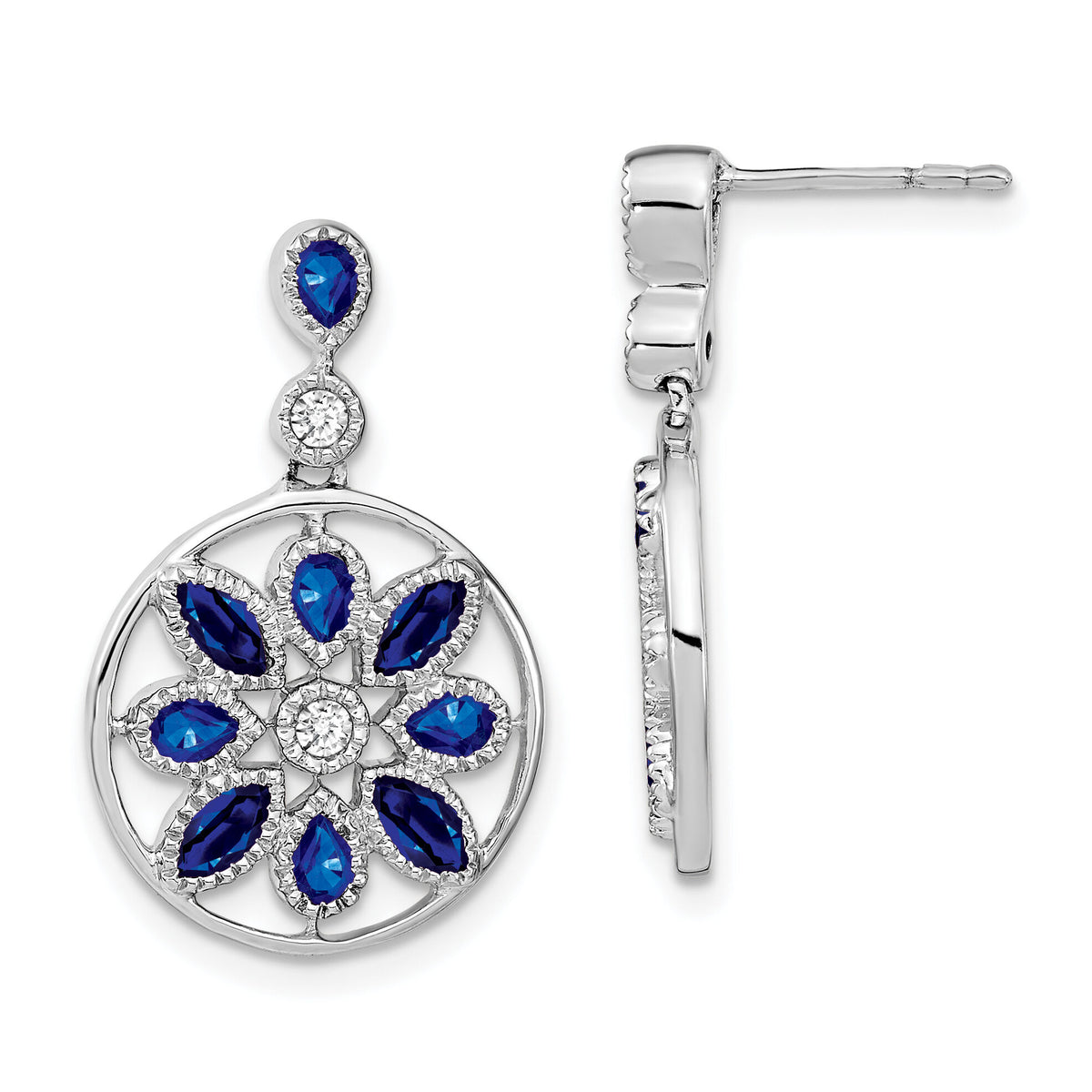 14k White Gold Sapphire and Diamond Floral Dangle Earrings-EM7205-SA-012-WA