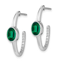 14k White Gold Oval Created Emerald and Diamond J-Hoop Earrings-EM7214-EM-018-WA