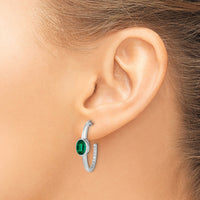 14k White Gold Oval Created Emerald and Diamond J-Hoop Earrings-EM7214-EM-018-WA