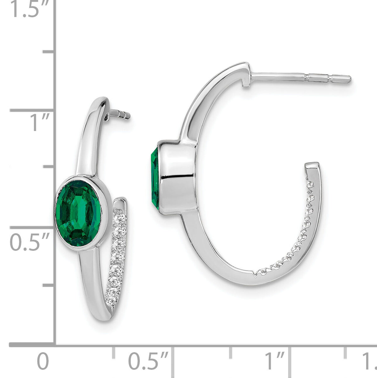 14k White Gold Oval Created Emerald and Diamond J-Hoop Earrings-EM7214-EM-018-WA