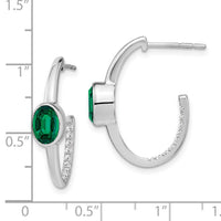 14k White Gold Oval Created Emerald and Diamond J-Hoop Earrings-EM7214-EM-018-WA