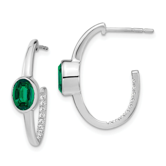14k White Gold Oval Created Emerald and Diamond J-Hoop Earrings-EM7214-EM-018-WA