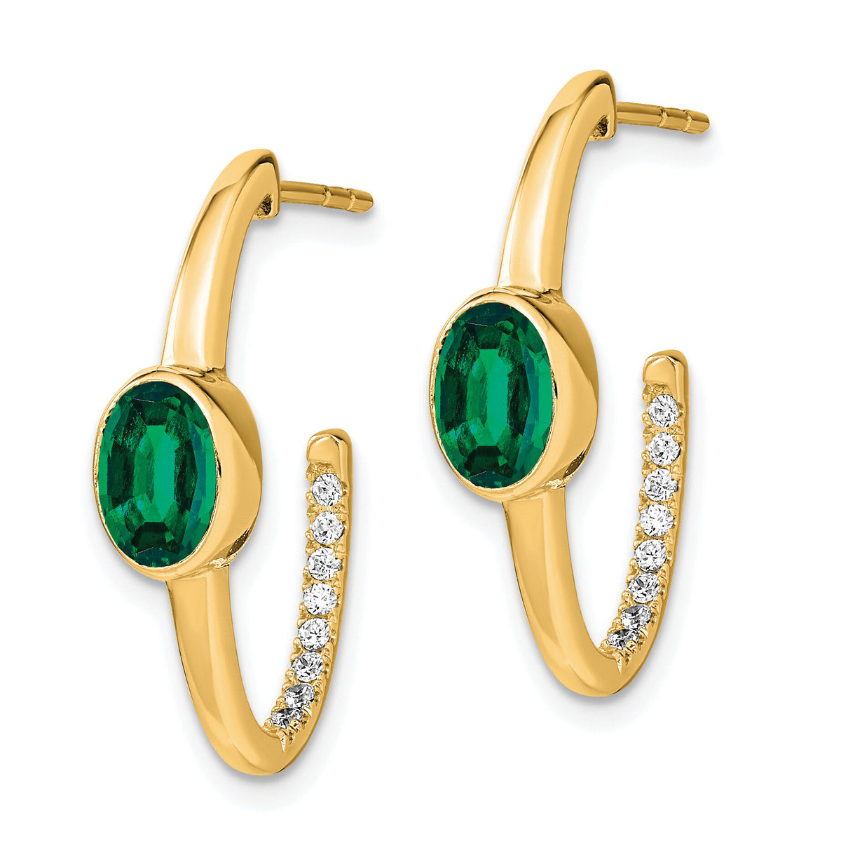14k Oval Created Emerald and Diamond J-Hoop Earrings-EM7214-EM-018-YA