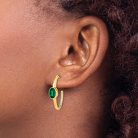 14k Oval Created Emerald and Diamond J-Hoop Earrings-EM7214-EM-018-YA