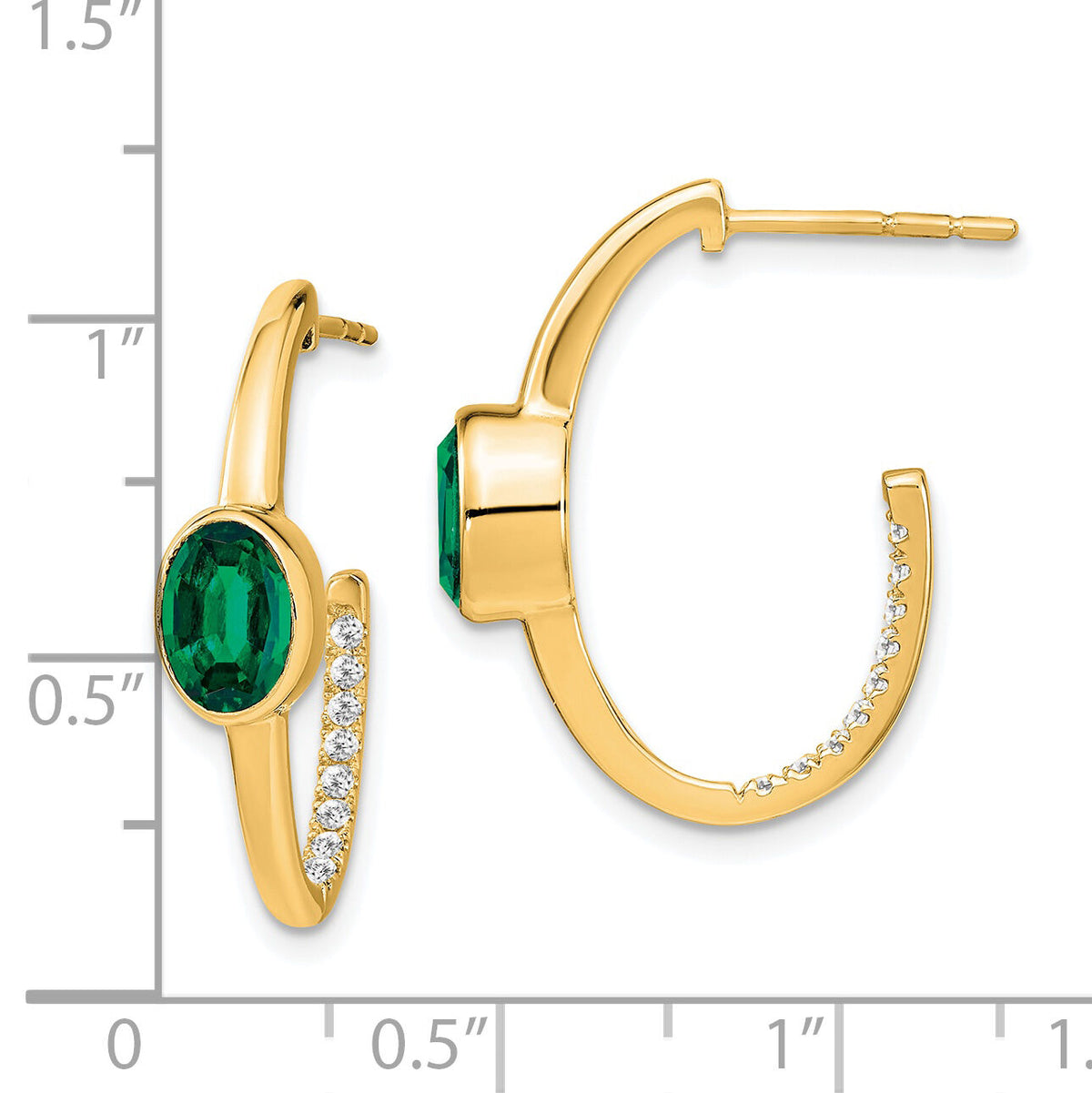 14k Oval Created Emerald and Diamond J-Hoop Earrings-EM7214-EM-018-YA