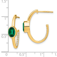 14k Oval Created Emerald and Diamond J-Hoop Earrings-EM7214-EM-018-YA