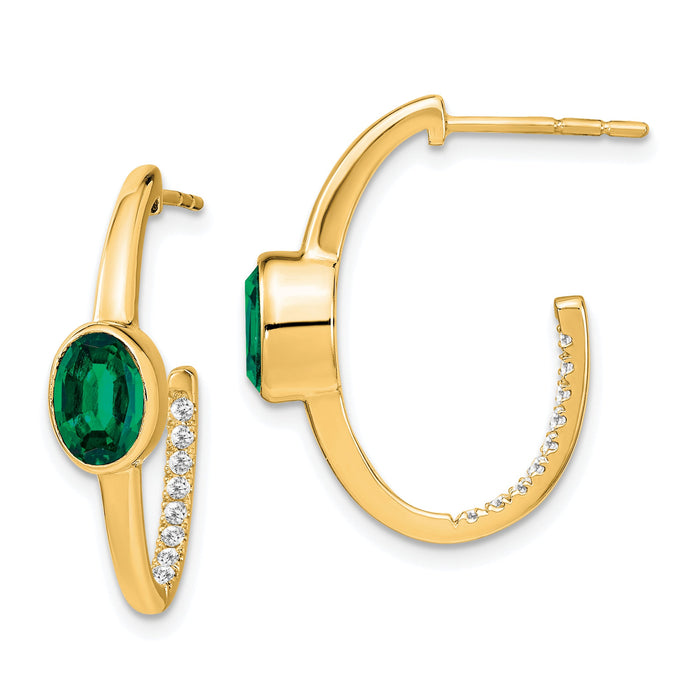 14k Oval Created Emerald and Diamond J-Hoop Earrings-EM7214-EM-018-YA