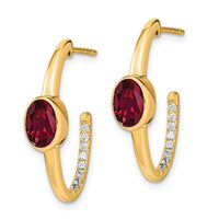 14k Oval Created Ruby and Diamond J-Hoop Earrings-EM7214-RU-018-YA