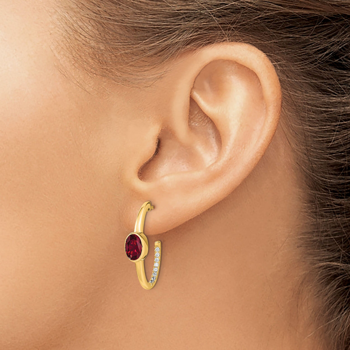 14k Oval Created Ruby and Diamond J-Hoop Earrings-EM7214-RU-018-YA