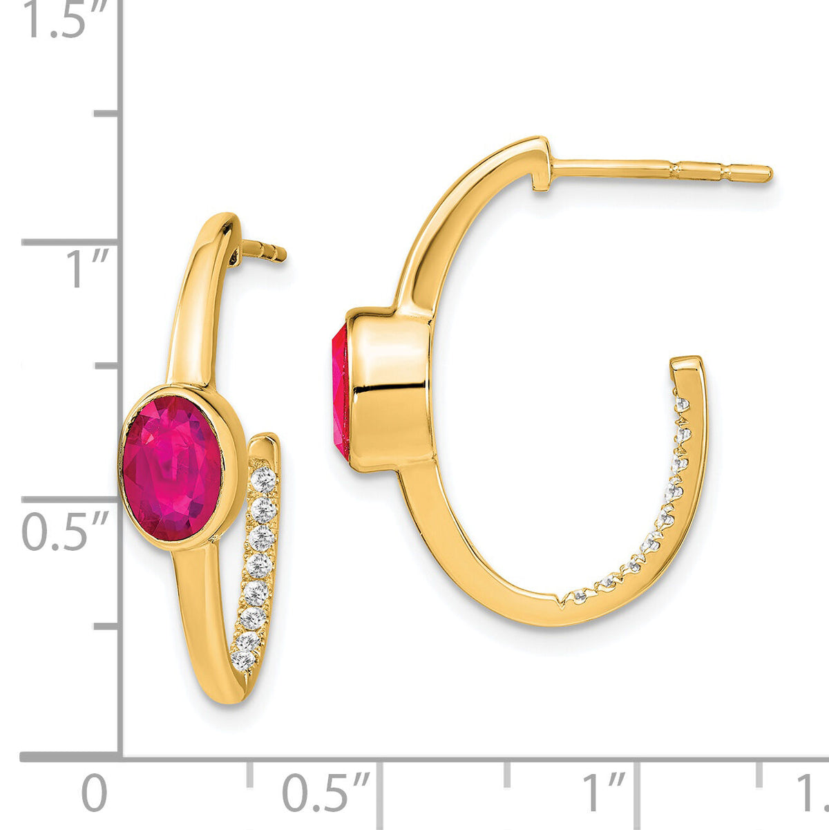 14k Oval Created Ruby and Diamond J-Hoop Earrings-EM7214-RU-018-YA