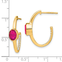 14k Oval Created Ruby and Diamond J-Hoop Earrings-EM7214-RU-018-YA
