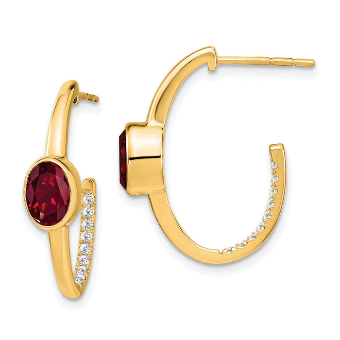 14k Oval Created Ruby and Diamond J-Hoop Earrings-EM7214-RU-018-YA