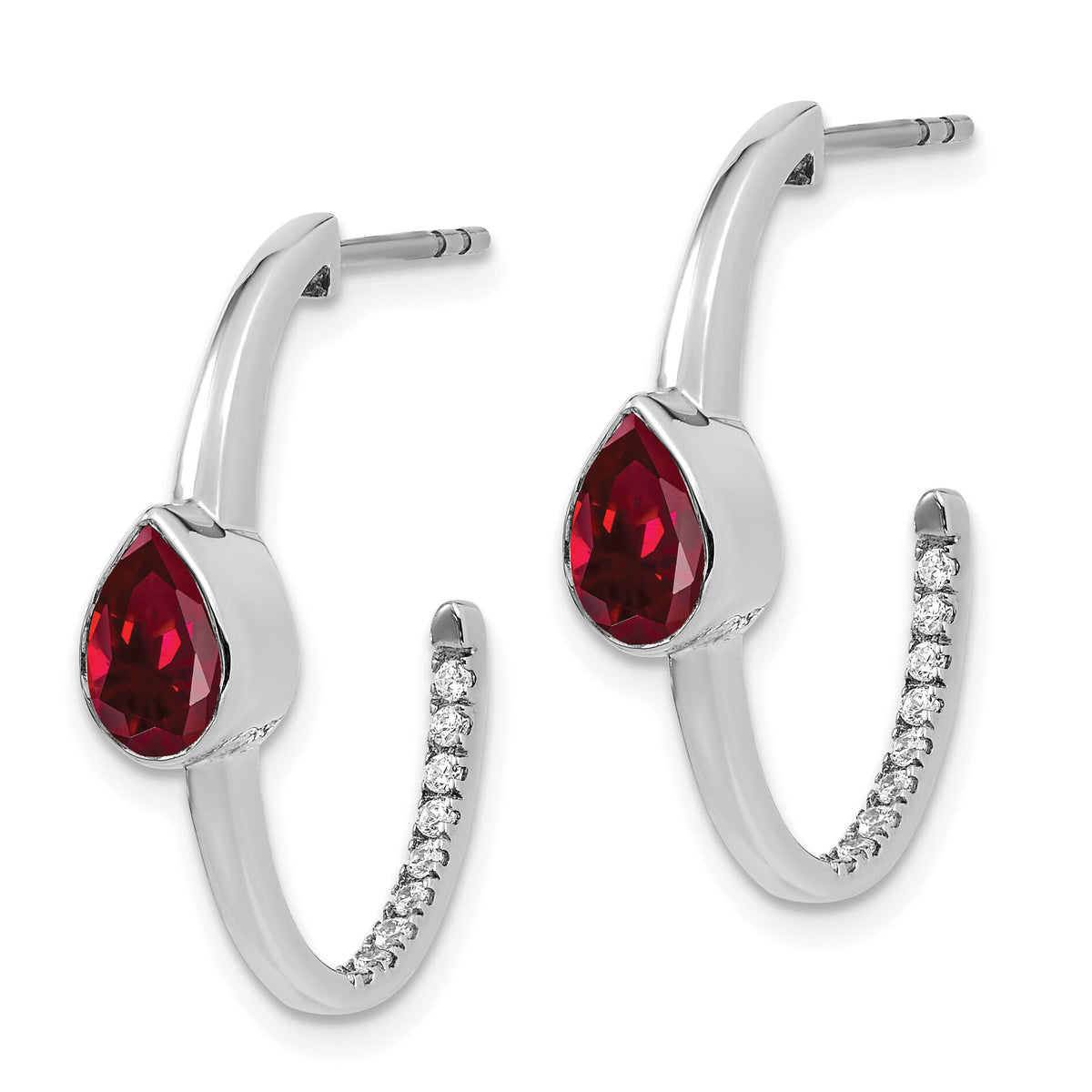 14k White Gold Pear Created Ruby and Diamond J-Hoop Earrings-EM7215-RU-018-WA