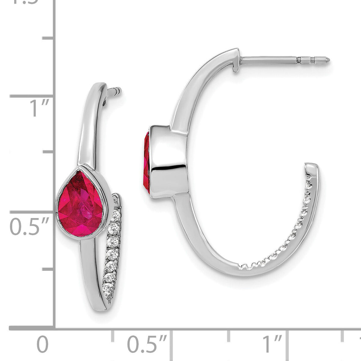 14k White Gold Pear Created Ruby and Diamond J-Hoop Earrings-EM7215-RU-018-WA