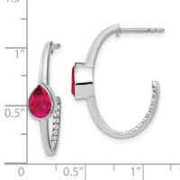 14k White Gold Pear Created Ruby and Diamond J-Hoop Earrings-EM7215-RU-018-WA